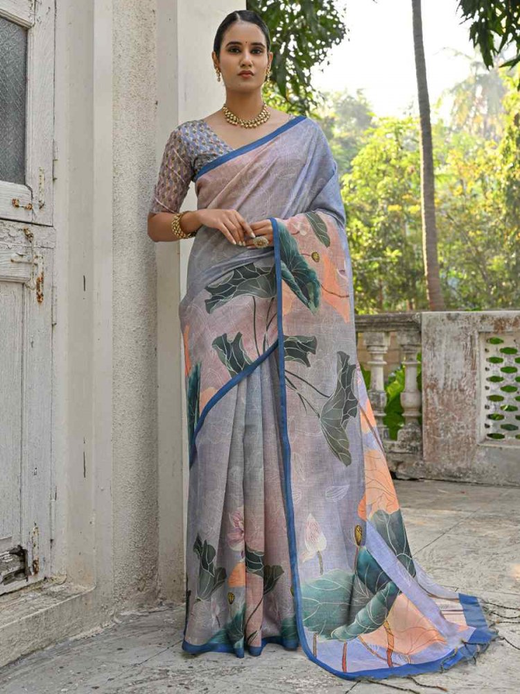 Blue Cotton Silk Printed Festival Casual Contemporary Saree