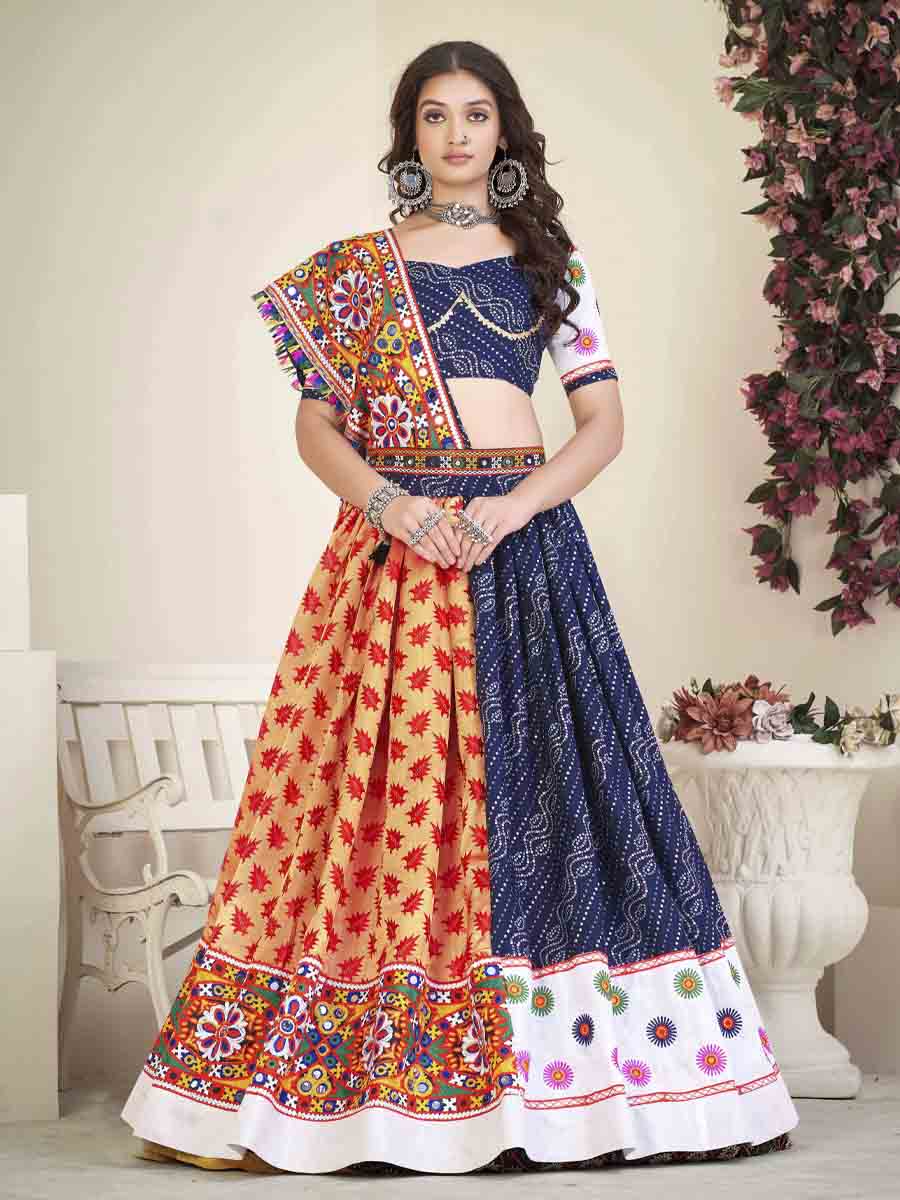 Blue Cotton Silk Printed Festival Mehendi Circular Lehenga Choli