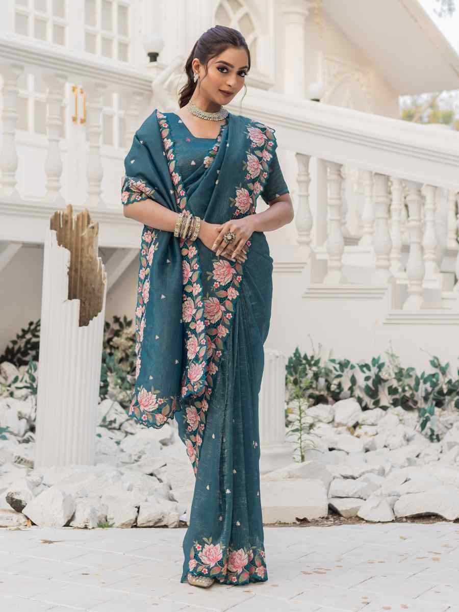 Blue Crush Silk Handwoven Festival Wedding Heavy Border Saree