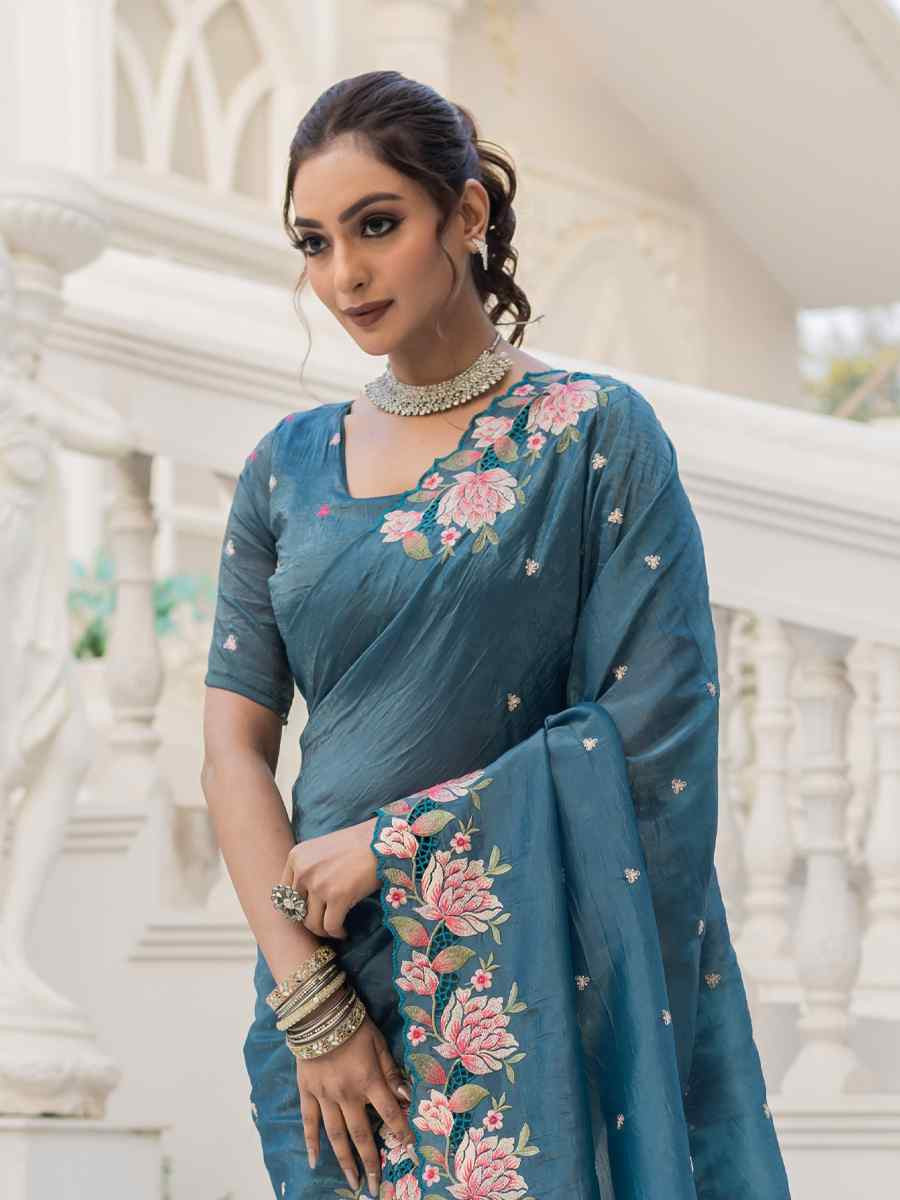 Blue Crush Silk Handwoven Festival Wedding Heavy Border Saree