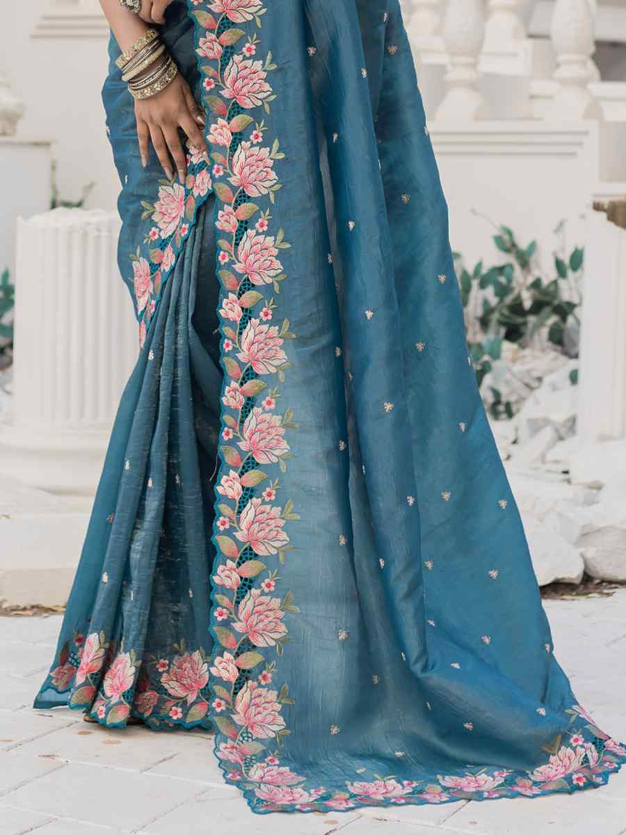 Blue Crush Silk Handwoven Festival Wedding Heavy Border Saree