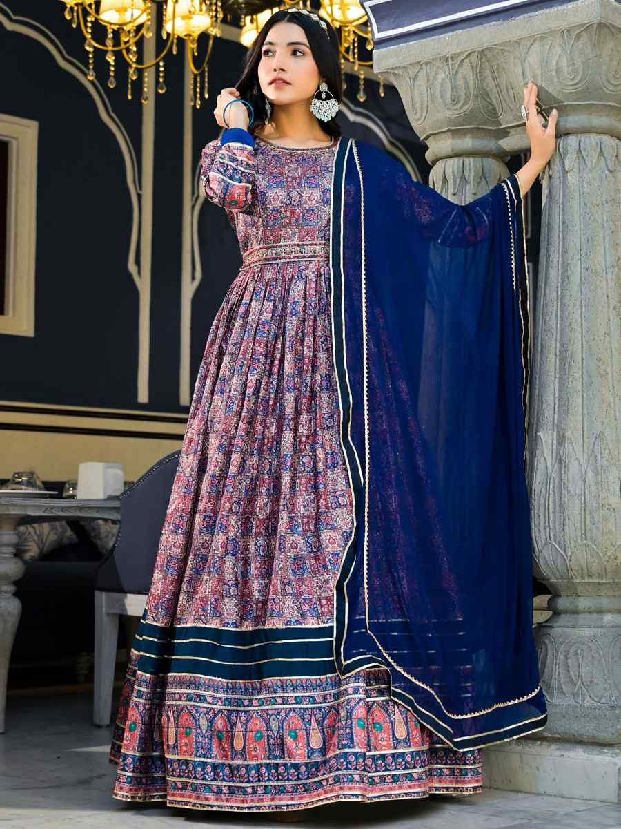 Blue Dola Silk Embroidered Festival Casual Gown