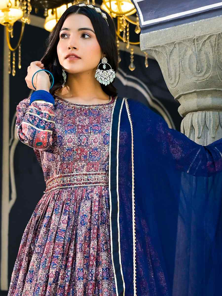 Blue Dola Silk Embroidered Festival Casual Gown