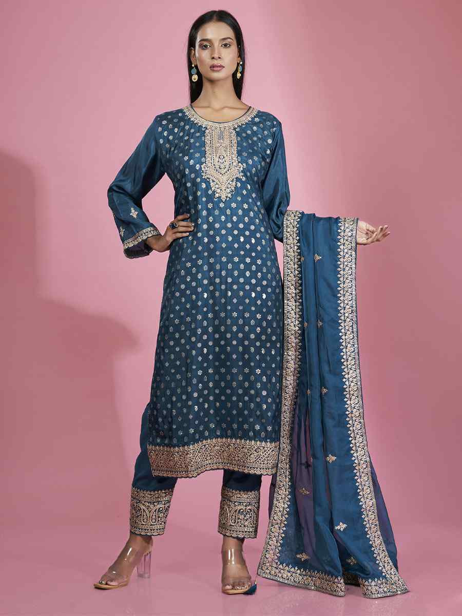 Blue Dola Silk Embroidered Festival Casual Ready Pant Salwar Kameez