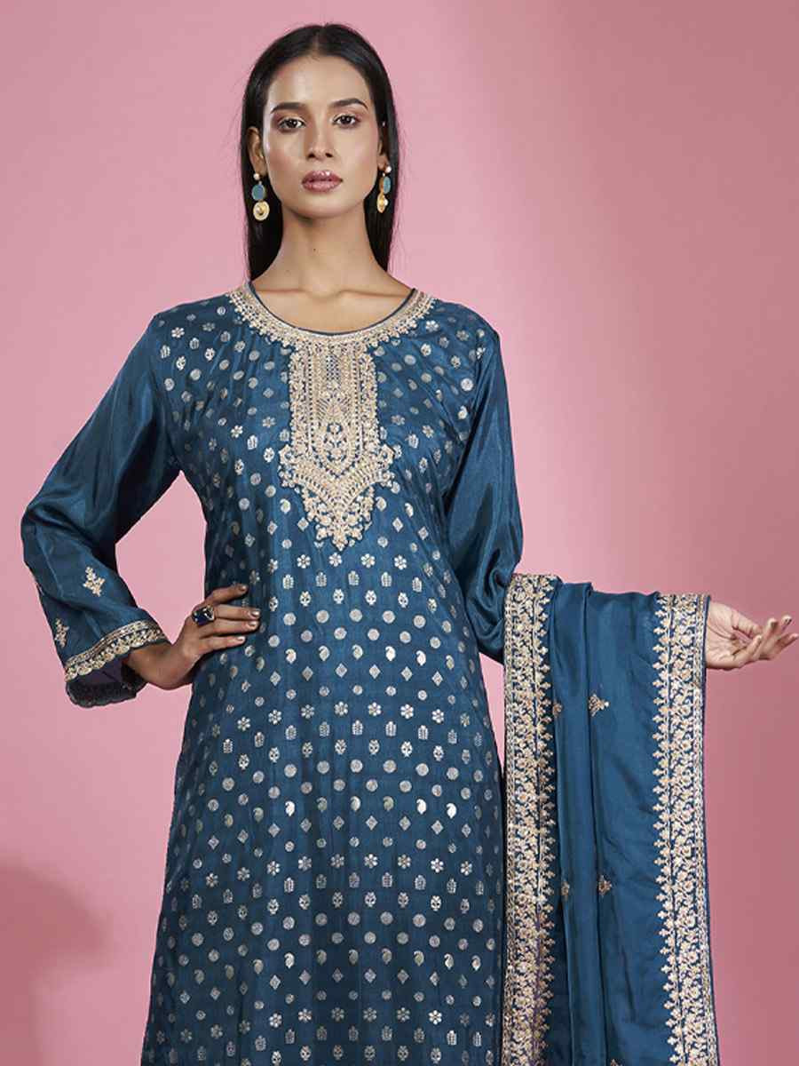 Blue Dola Silk Embroidered Festival Casual Ready Pant Salwar Kameez