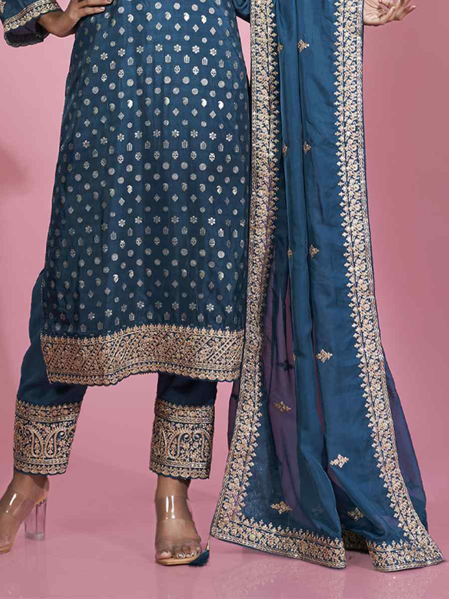 Blue Dola Silk Embroidered Festival Casual Ready Pant Salwar Kameez