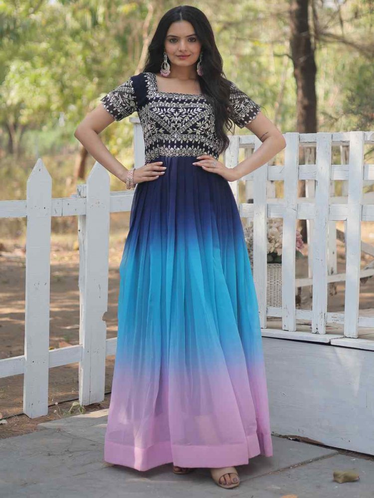 Blue Faux Blooming Embroidered Festival Mehendi Gown