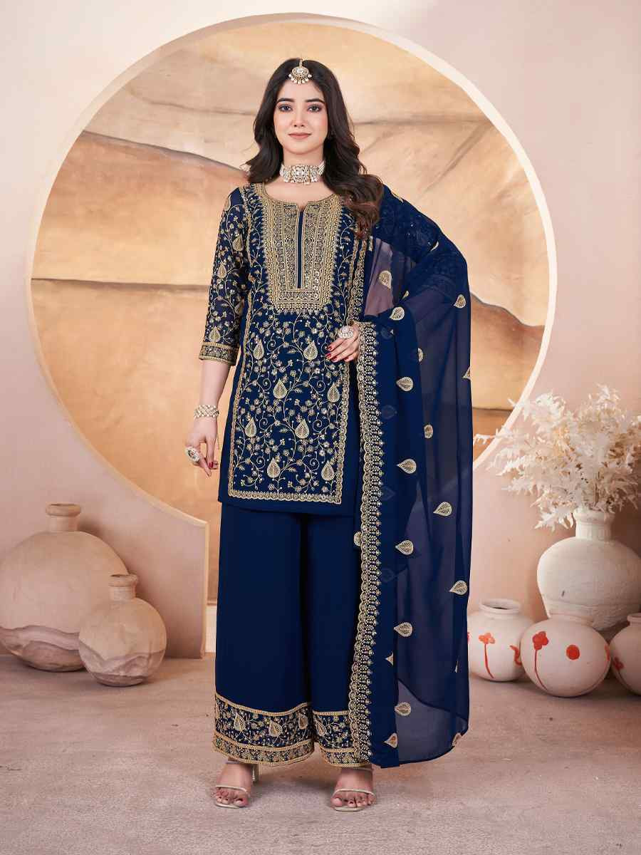 Blue Faux Georgette Embroidered Festival Casual Palazzo Pant Salwar Kameez