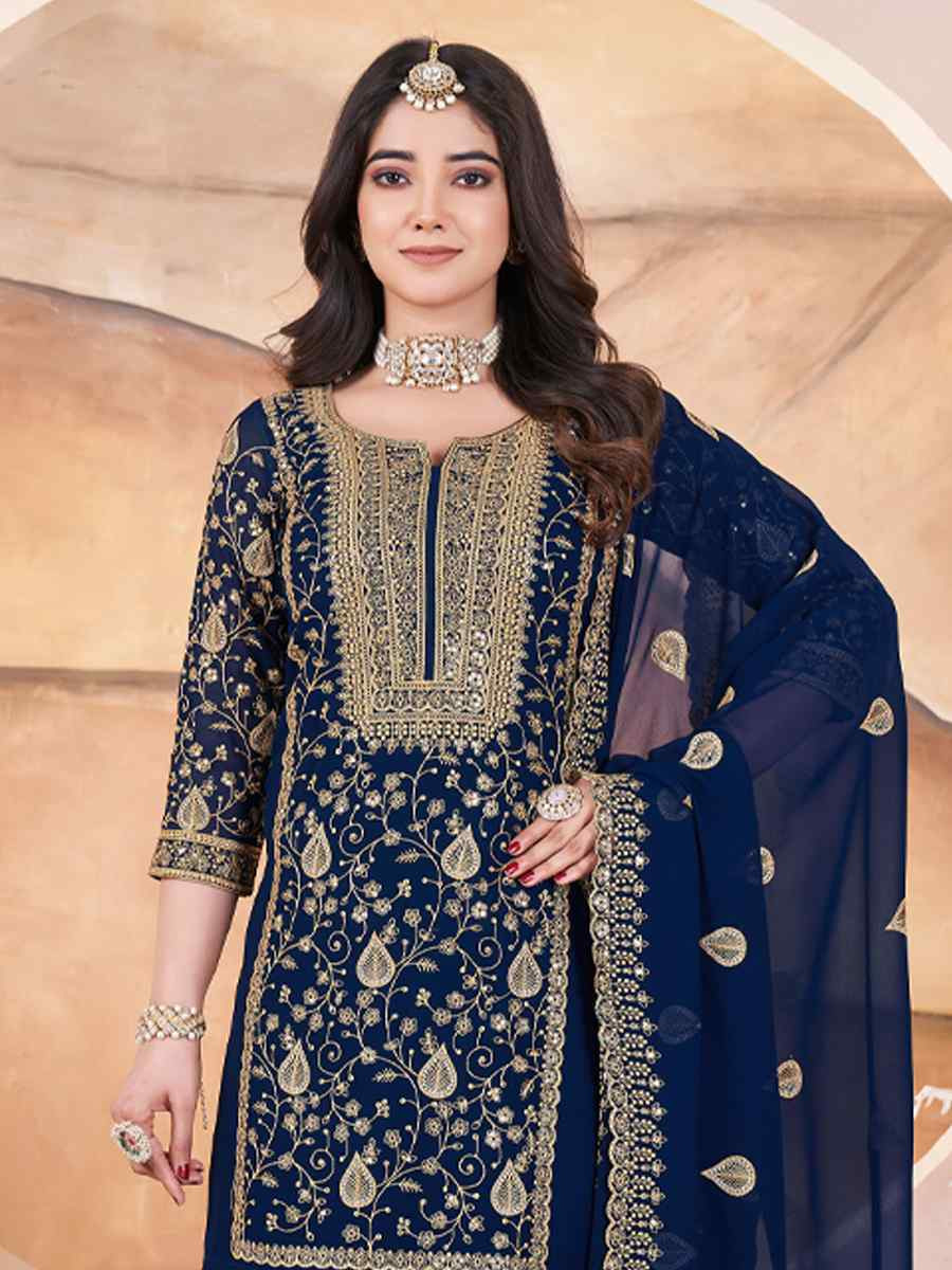 Blue Faux Georgette Embroidered Festival Casual Palazzo Pant Salwar Kameez