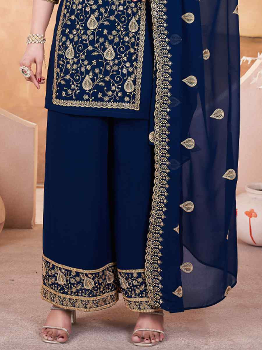 Blue Faux Georgette Embroidered Festival Casual Palazzo Pant Salwar Kameez