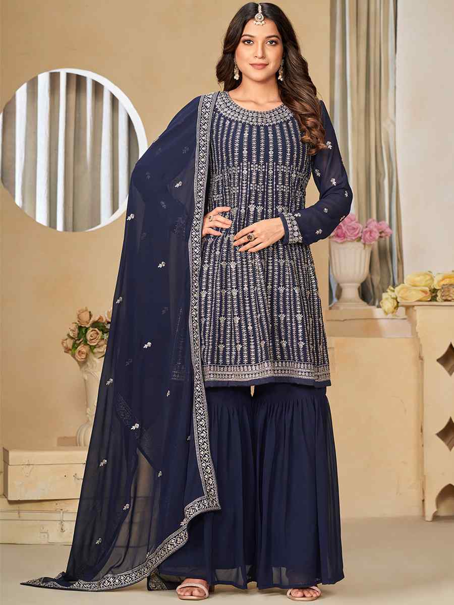 Blue Faux Georgette Embroidered Festival Mehendi Sharara Pant Salwar Kameez