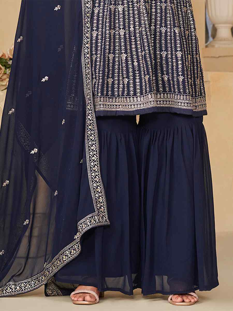 Blue Faux Georgette Embroidered Festival Mehendi Sharara Pant Salwar Kameez