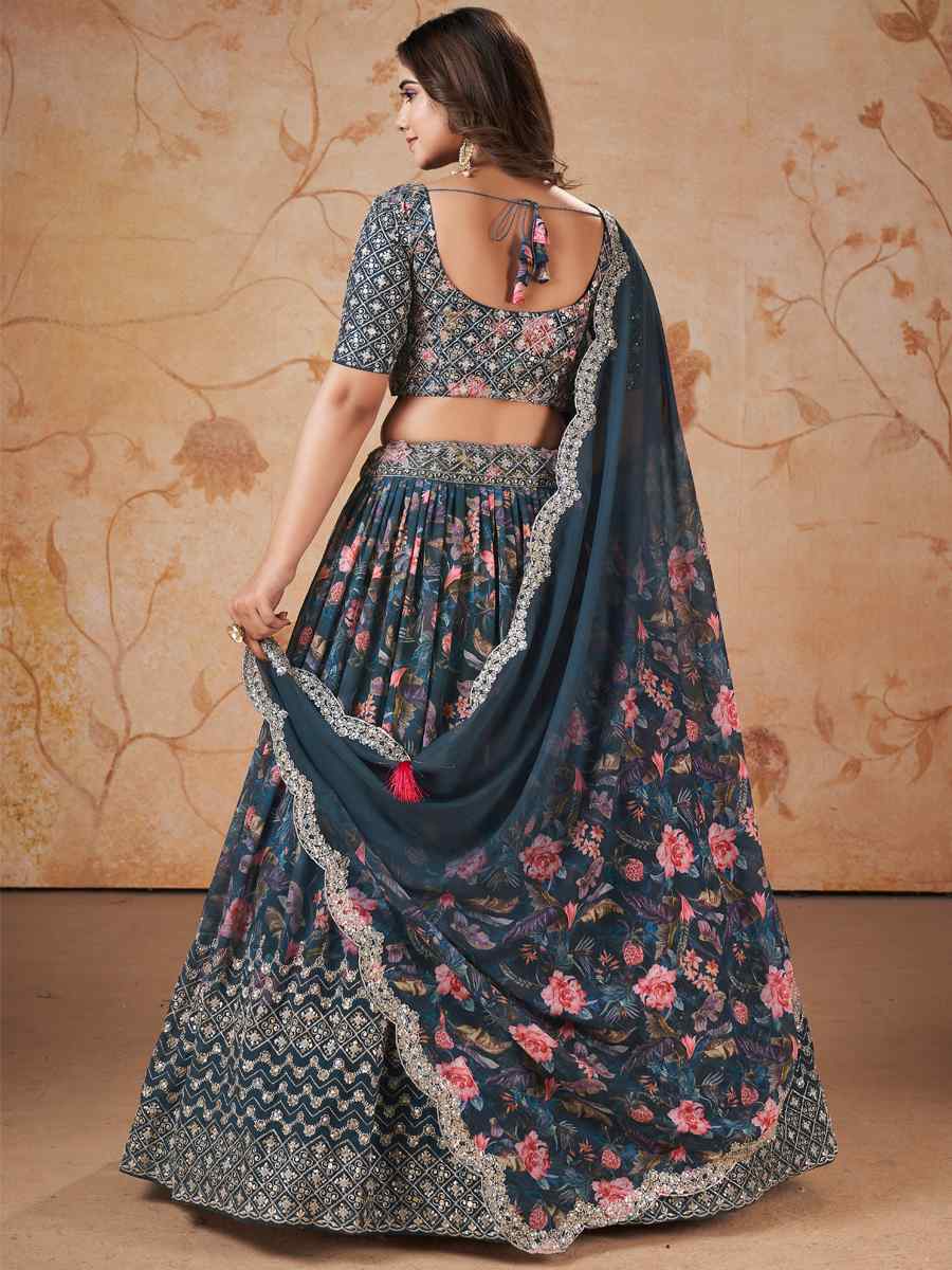 Blue Faux Georgette Embroidered Mehendi Festival Heavy Border Lehenga Choli