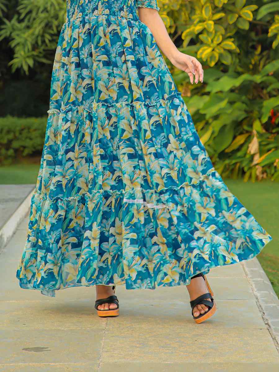 Blue Faux Georgette Printed Festival Casual Gown