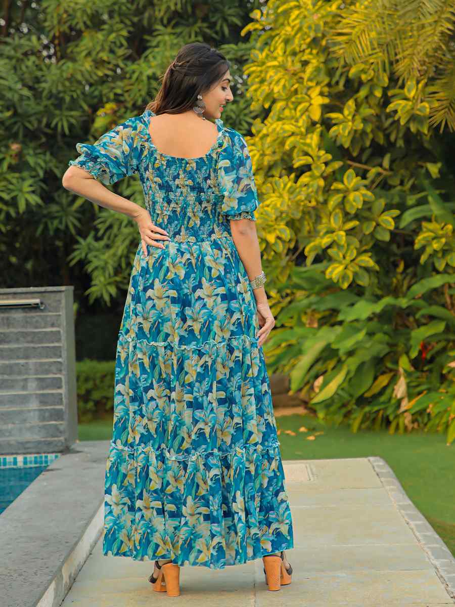 Blue Faux Georgette Printed Festival Casual Gown