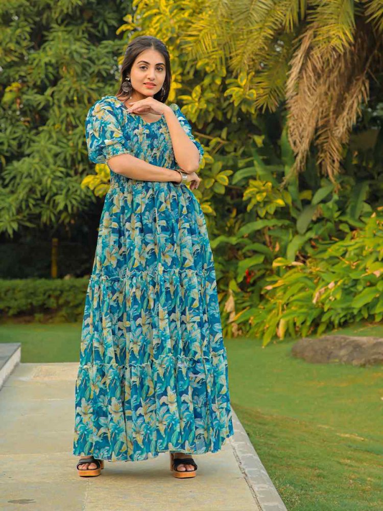 Blue Faux Georgette Printed Festival Casual Gown