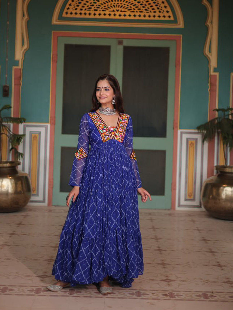 Blue Faux Georgette Printed Festival Casual Gown