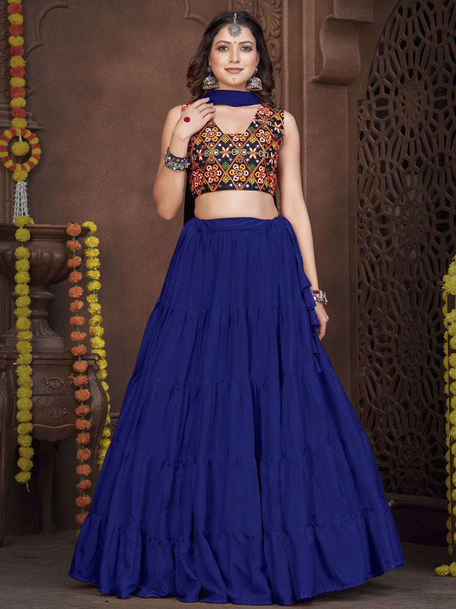 Blue French Crepe Printed Festival Mehendi Circular Lehenga Choli