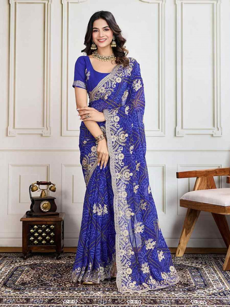 Blue Georgette Bandhej Embroidered Bridesmaid Reception Heavy Border Saree