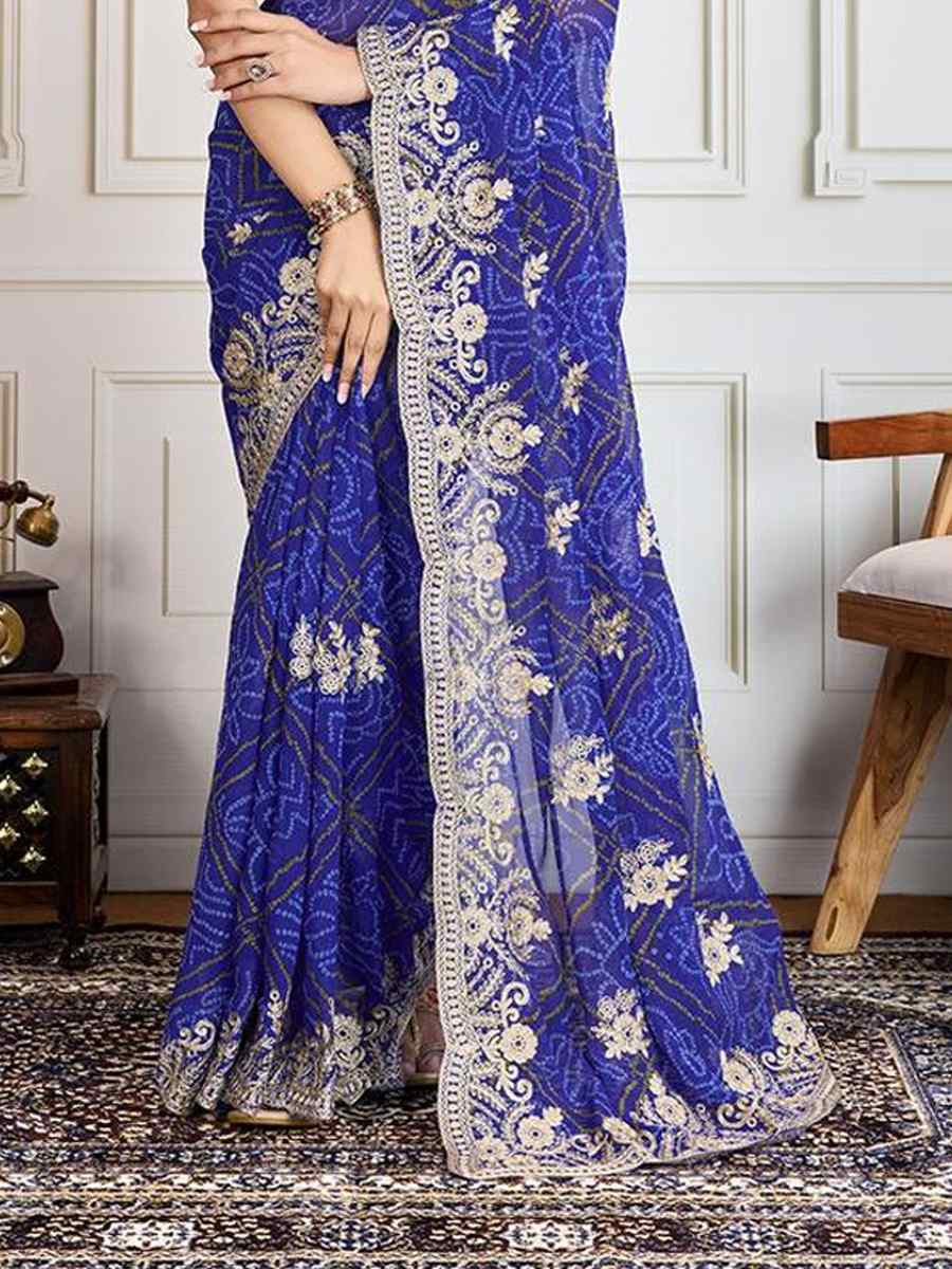 Blue Georgette Bandhej Embroidered Bridesmaid Reception Heavy Border Saree