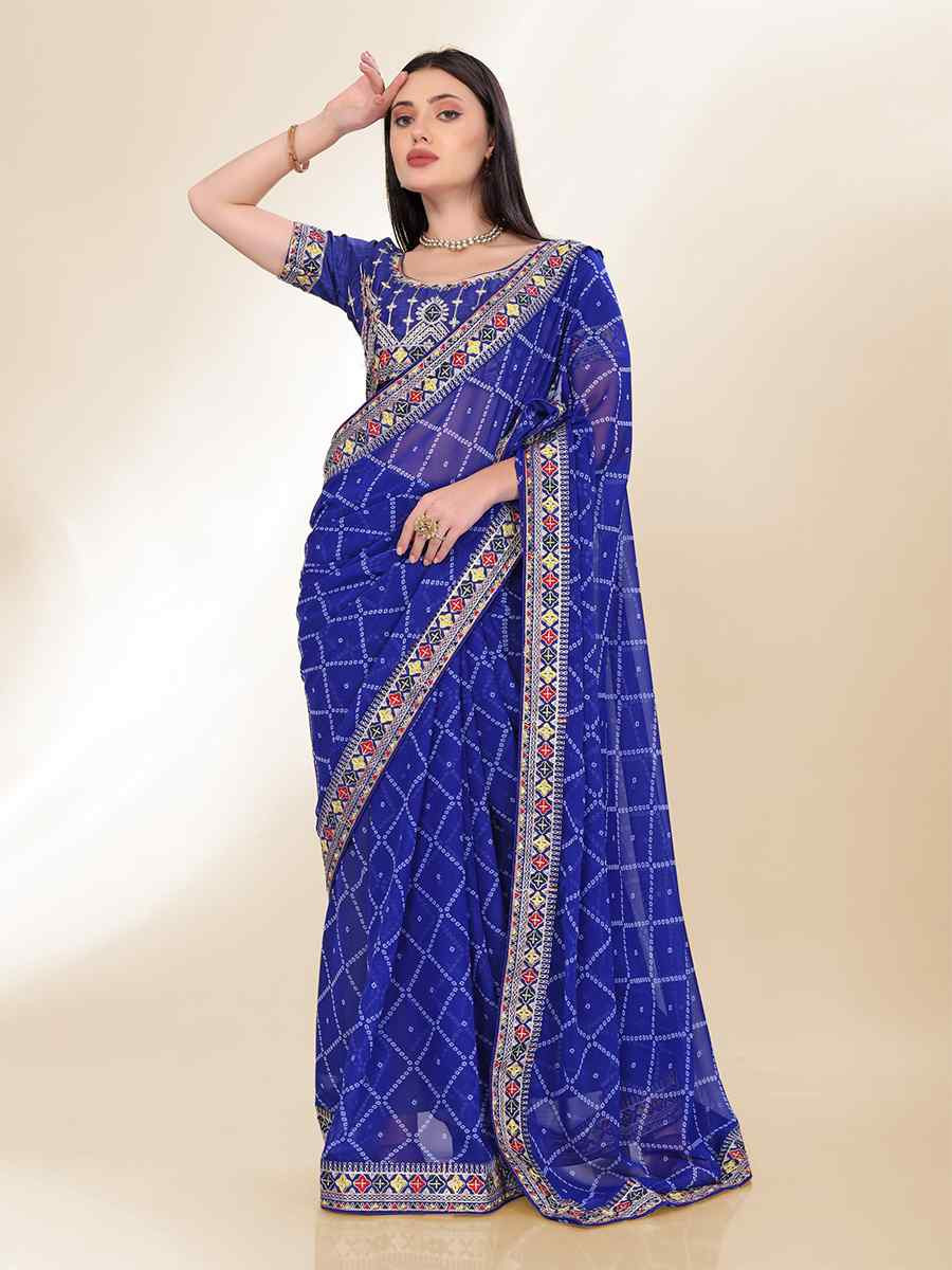 Blue Georgette Embroidered Bridesmaid Reception Heavy Border Saree