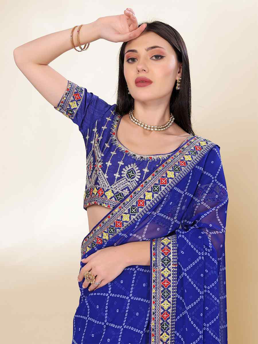 Blue Georgette Embroidered Bridesmaid Reception Heavy Border Saree