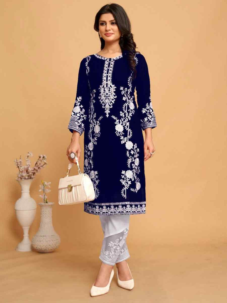 Blue Georgette Embroidered Festival Casual Kurti