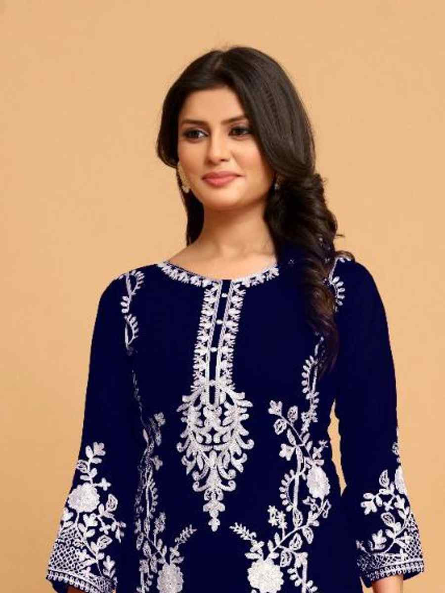 Blue Georgette Embroidered Festival Casual Kurti