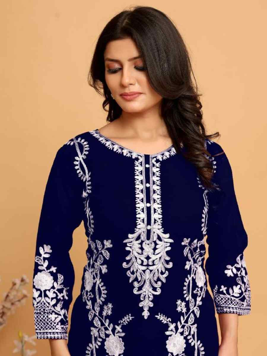 Blue Georgette Embroidered Festival Casual Kurti