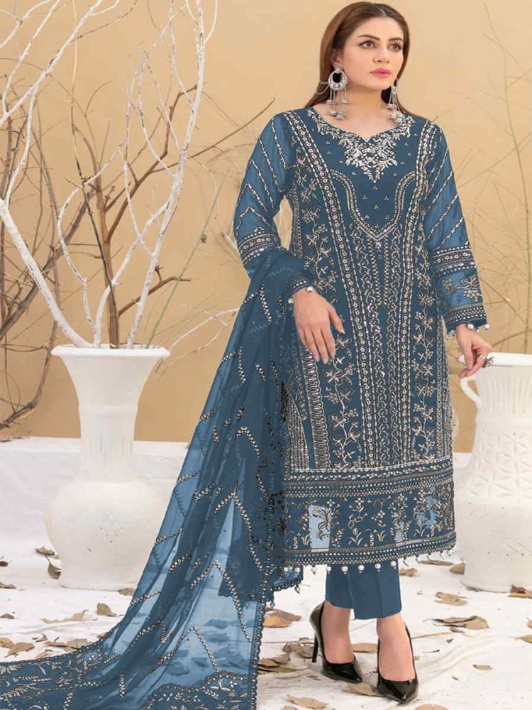 Blue Georgette Embroidered Festival Casual Pant Salwar Kameez