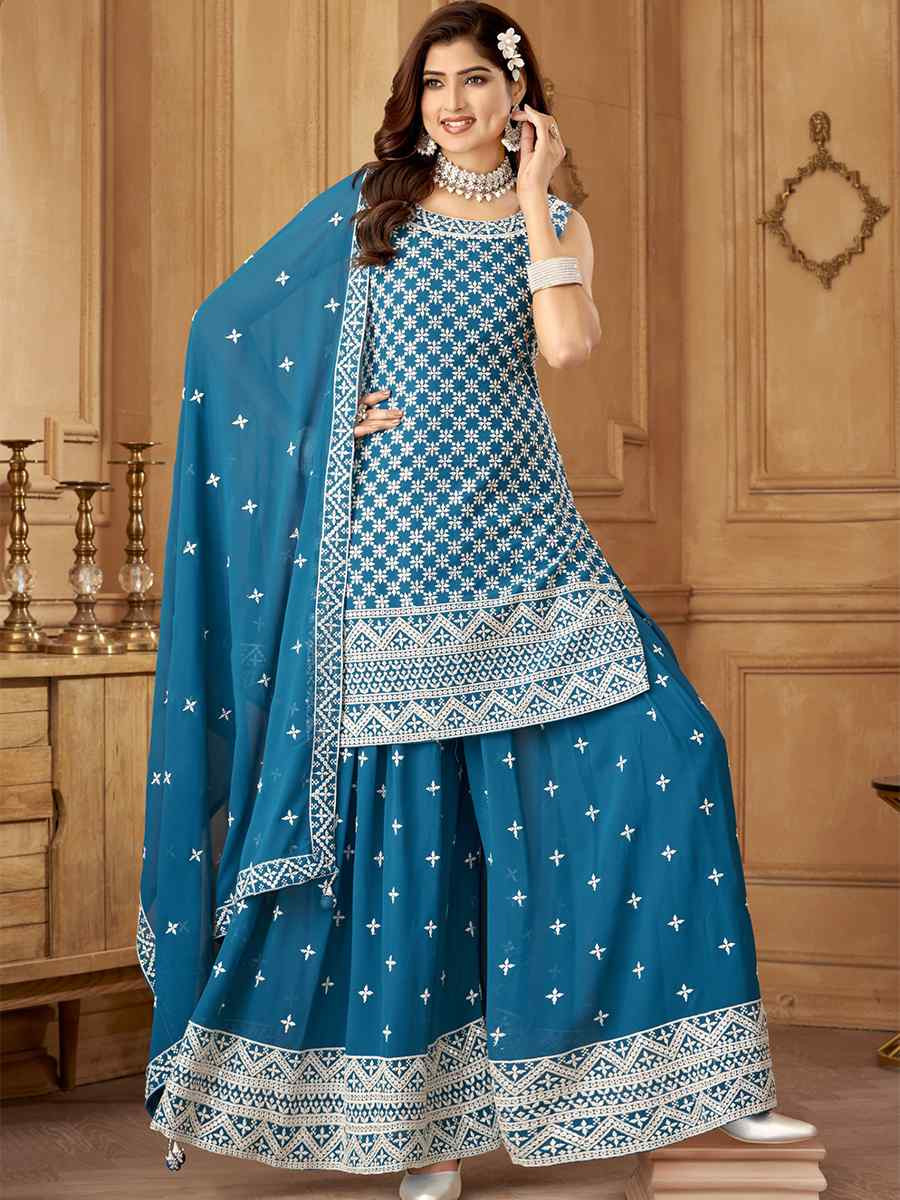 Blue Georgette Embroidered Festival Casual Ready Palazzo Pant Salwar Kameez