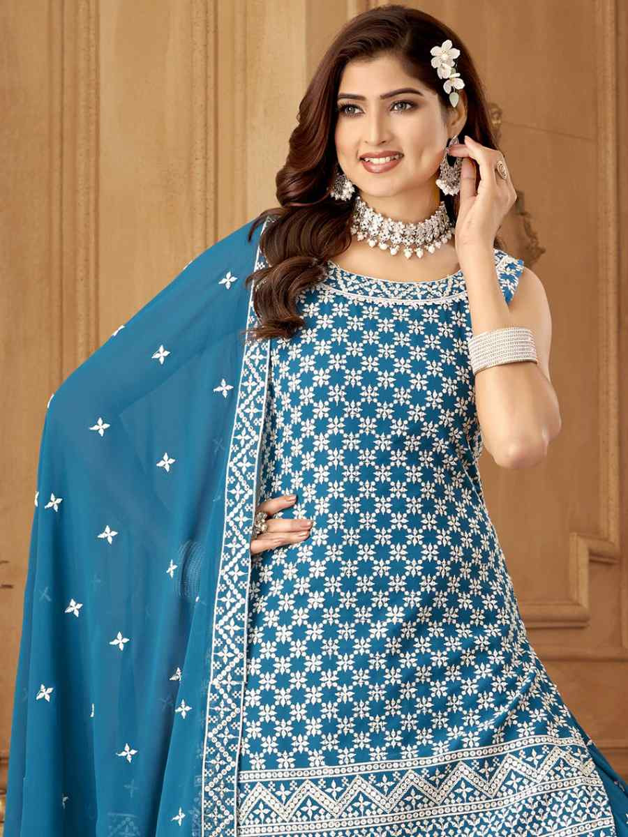 Blue Georgette Embroidered Festival Casual Ready Palazzo Pant Salwar Kameez