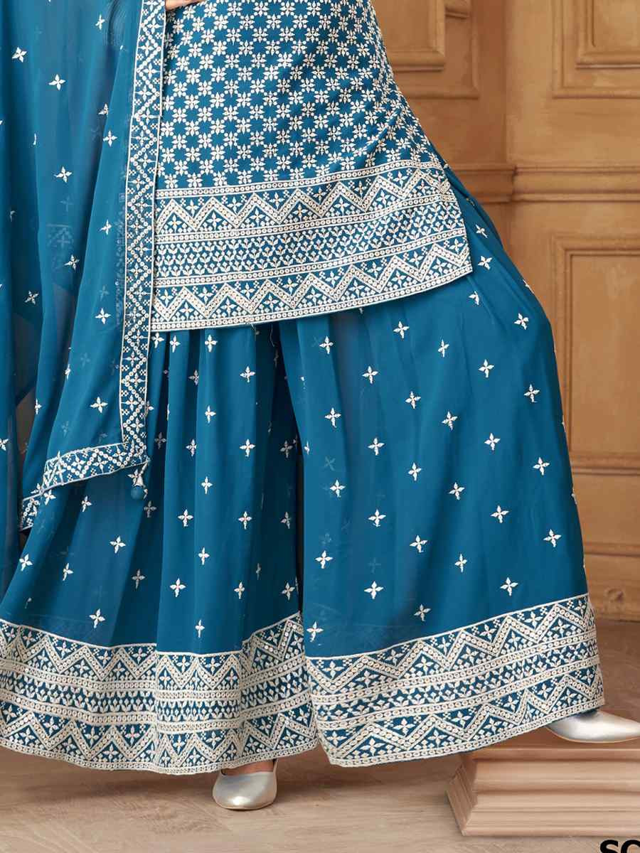 Blue Georgette Embroidered Festival Casual Ready Palazzo Pant Salwar Kameez