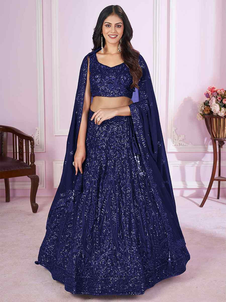 Blue Georgette Embroidered Festival Wedding Heavy Border Lehenga Choli