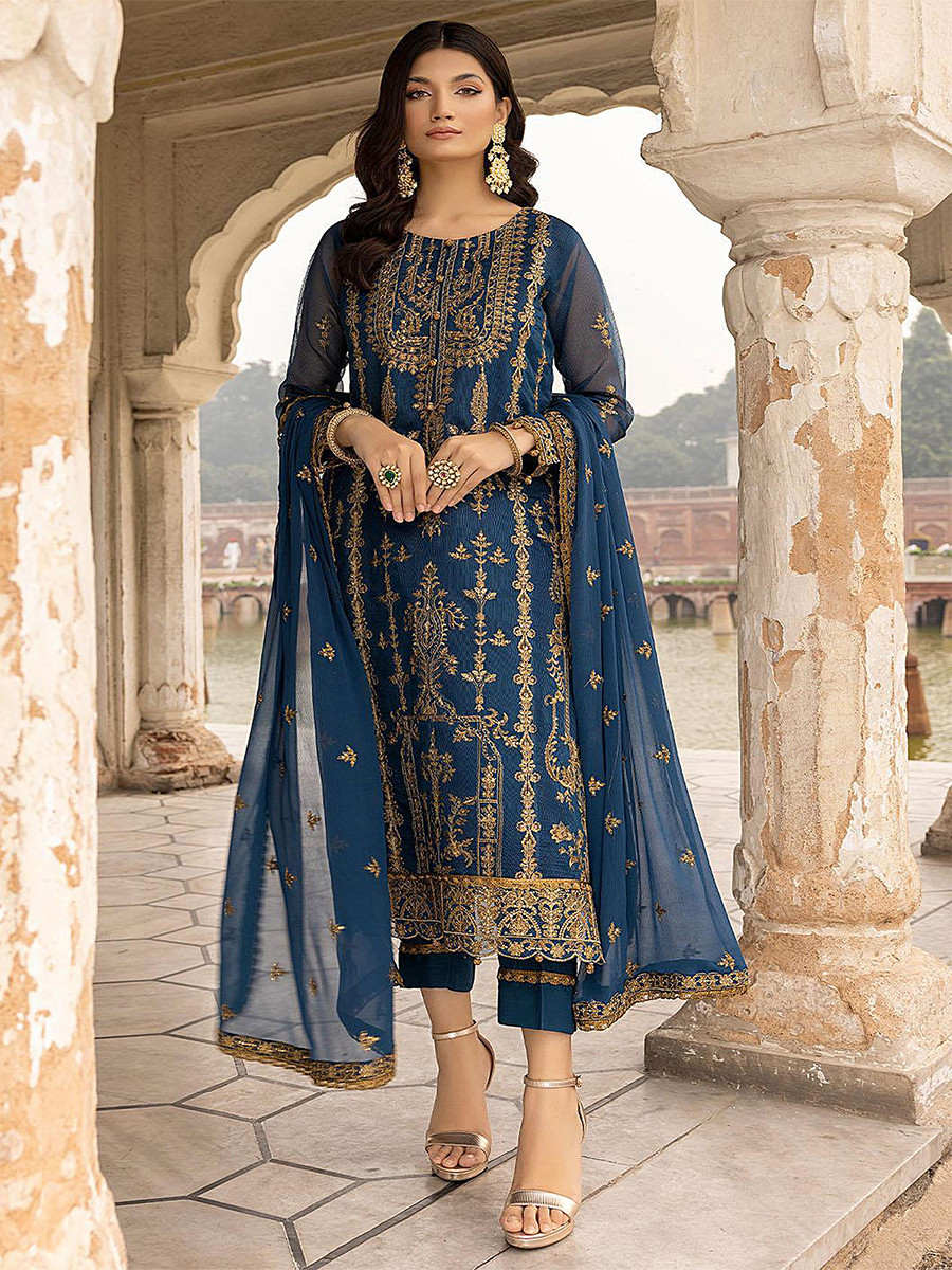 Blue Georgette Embroidered Festival Wedding Pant Salwar Kameez