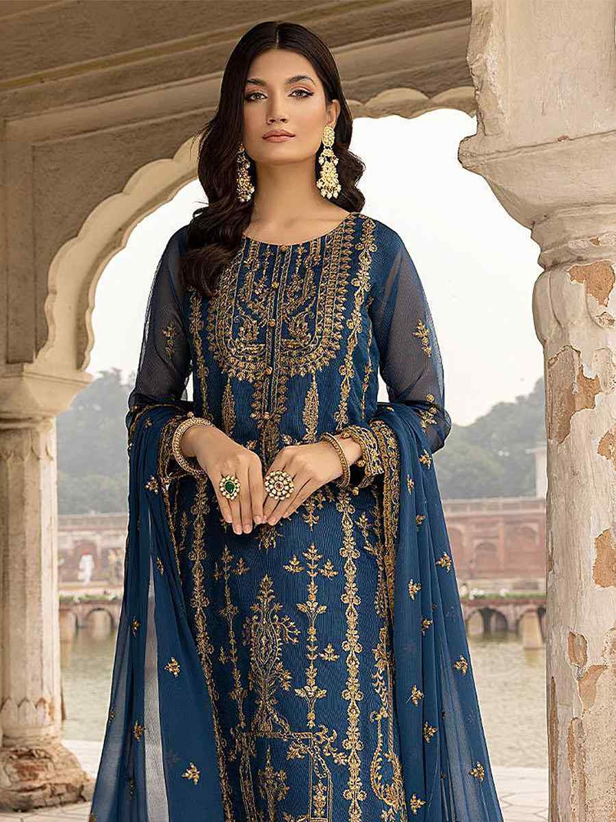 Blue Georgette Embroidered Festival Wedding Pant Salwar Kameez