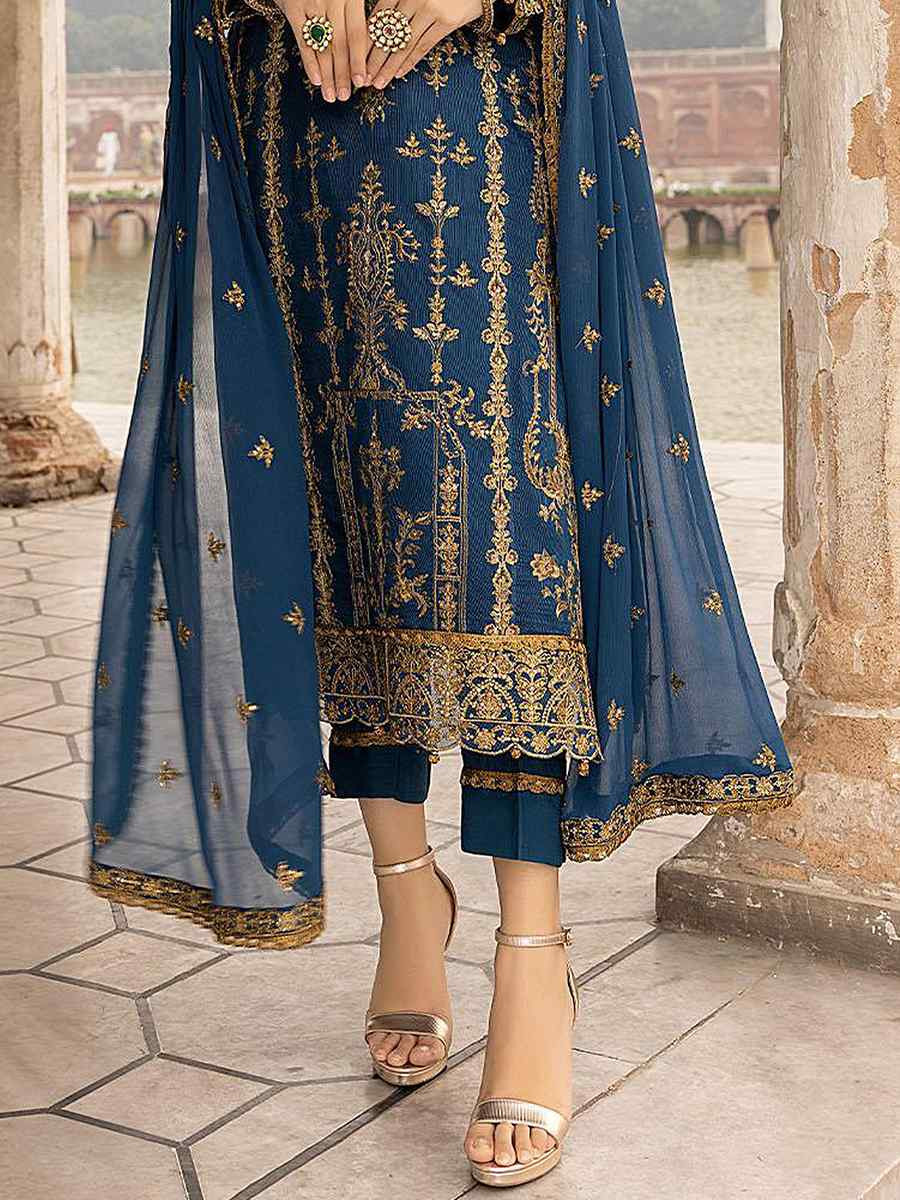 Blue Georgette Embroidered Festival Wedding Pant Salwar Kameez