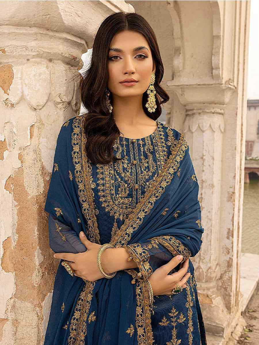 Blue Georgette Embroidered Festival Wedding Pant Salwar Kameez