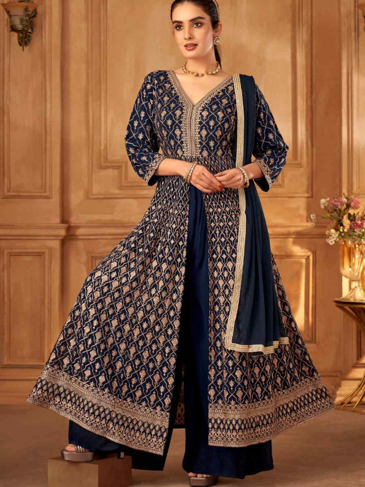 Blue Georgette Embroidered Festival Wedding Ready Palazzo Pant Salwar Kameez