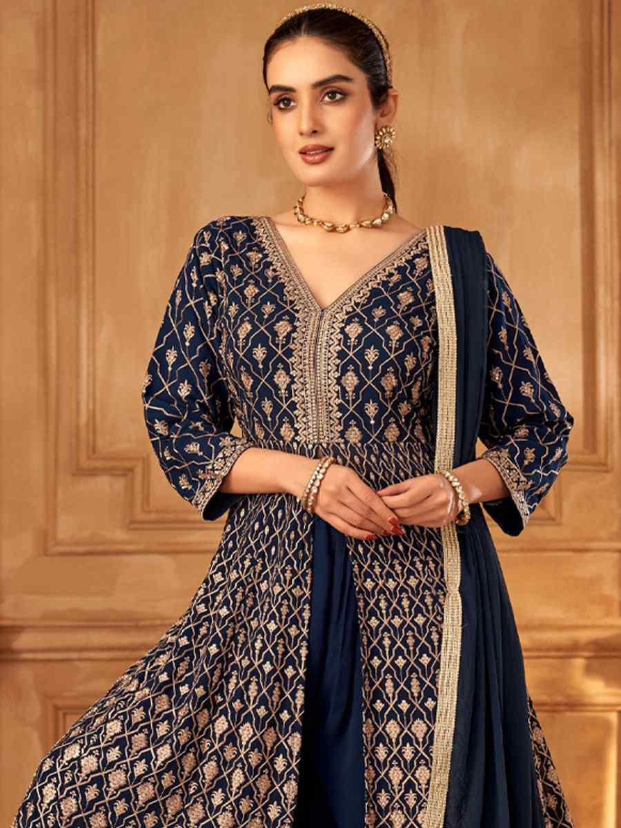 Blue Georgette Embroidered Festival Wedding Ready Palazzo Pant Salwar Kameez