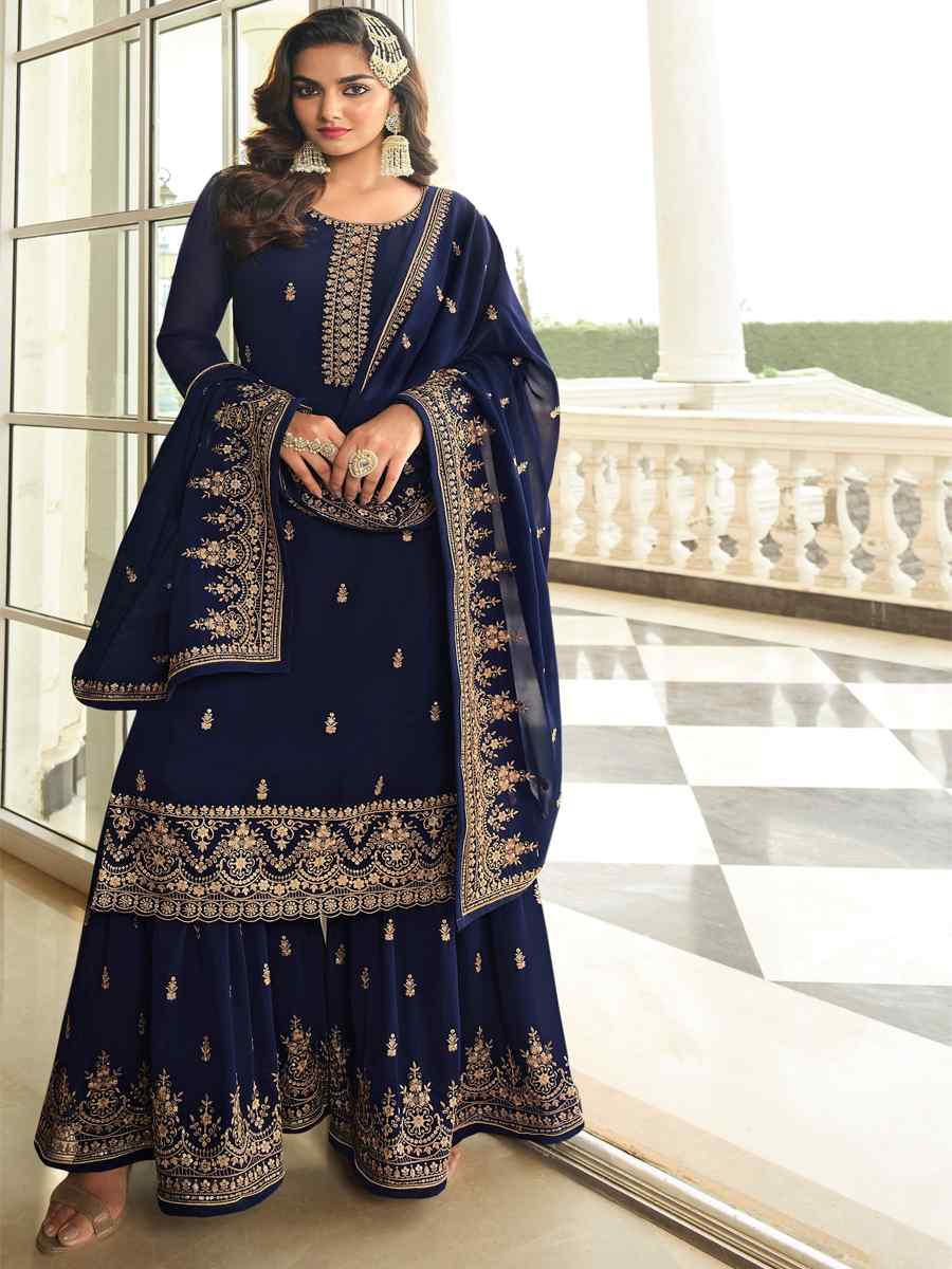 Blue Georgette Embroidered Festival Wedding Sharara Pant Salwar Kameez