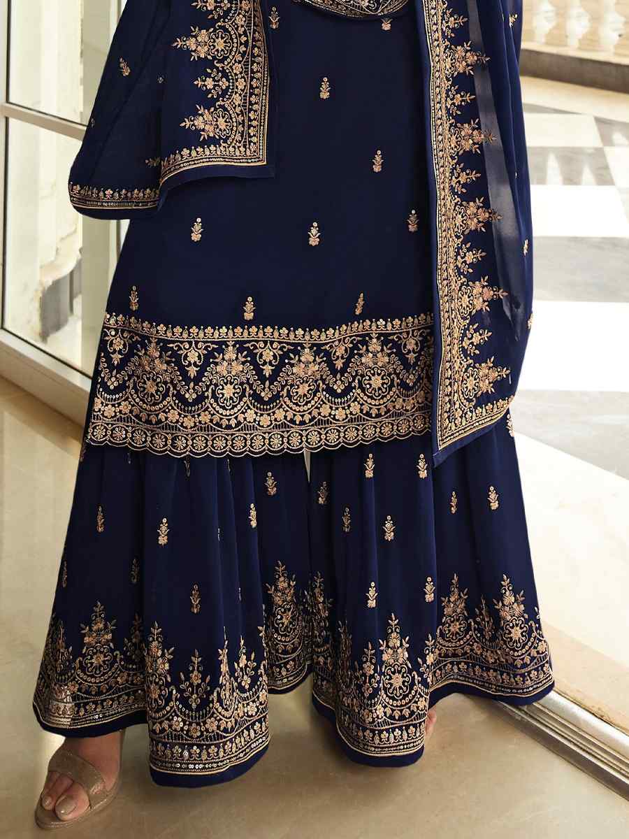 Blue Georgette Embroidered Festival Wedding Sharara Pant Salwar Kameez