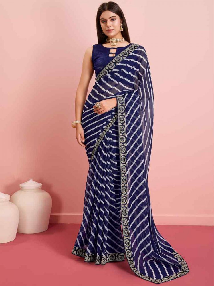Blue Georgette Embroidered Party Reception Heavy Border Saree