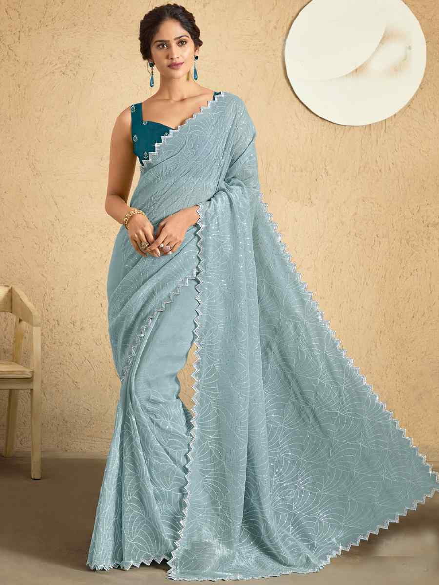 Blue Georgette Embroidered Reception Party Heavy Border Saree