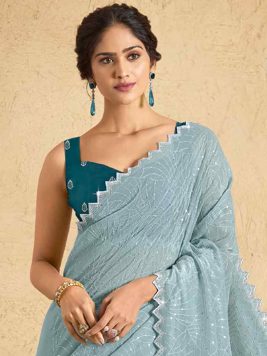 Blue Georgette Embroidered Reception Party Heavy Border Saree