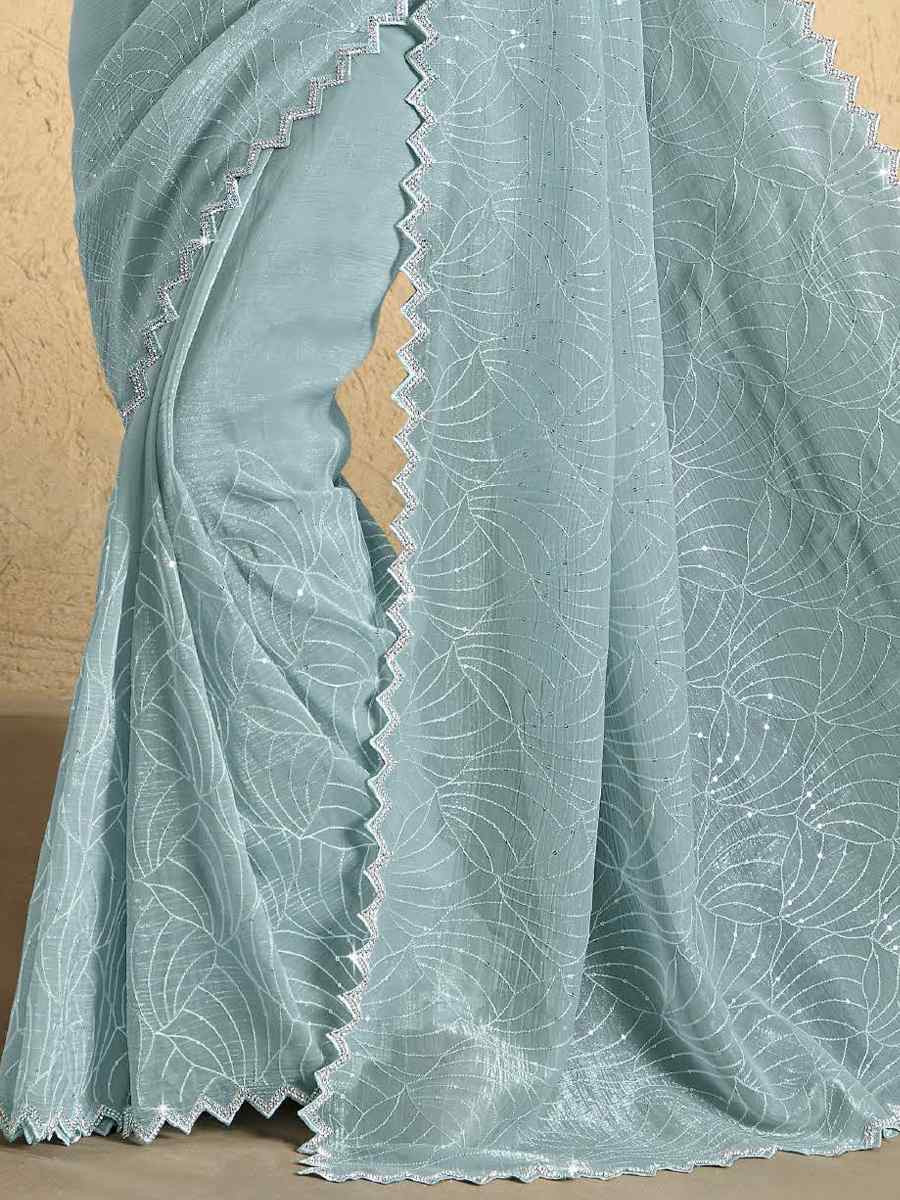 Blue Georgette Embroidered Reception Party Heavy Border Saree