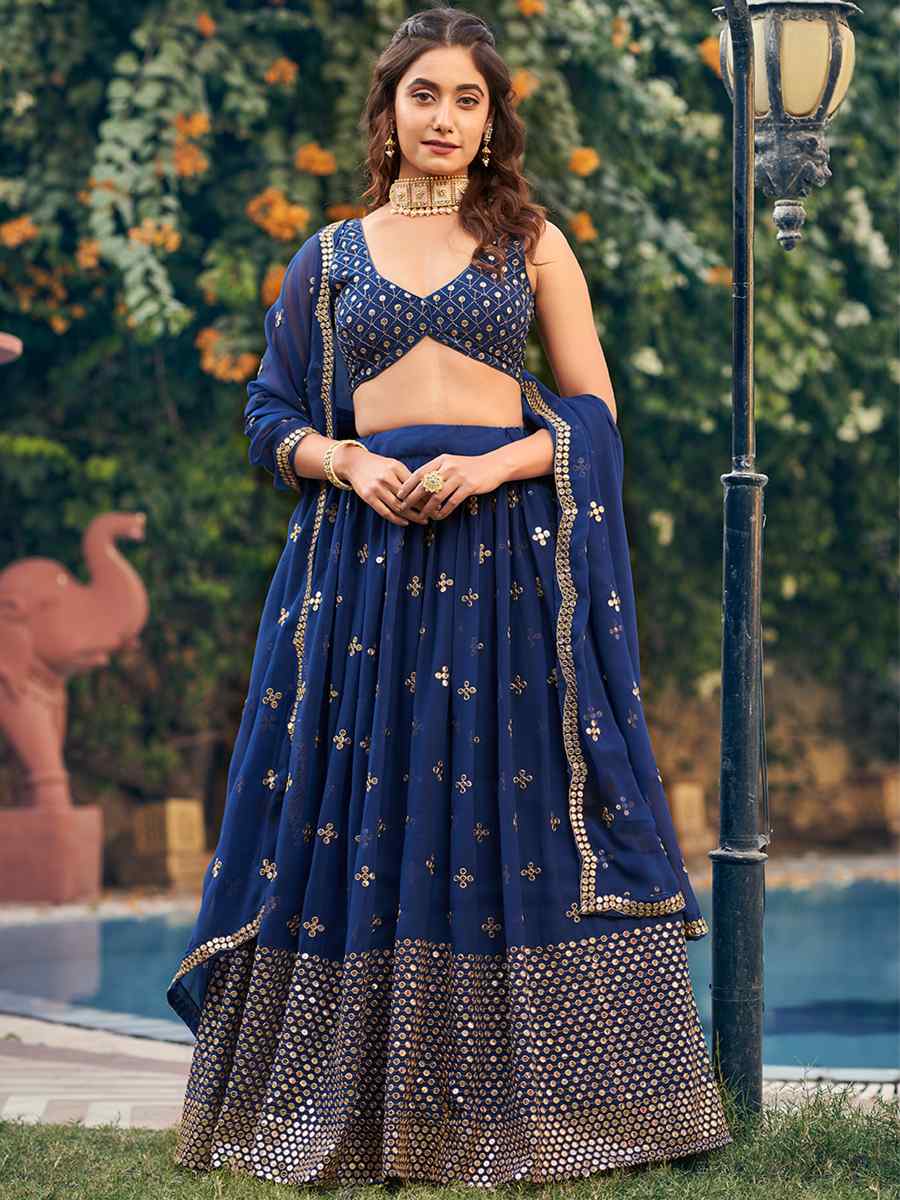 Blue Georgette Embroidered Reception Wedding Heavy Border Lehenga Choli