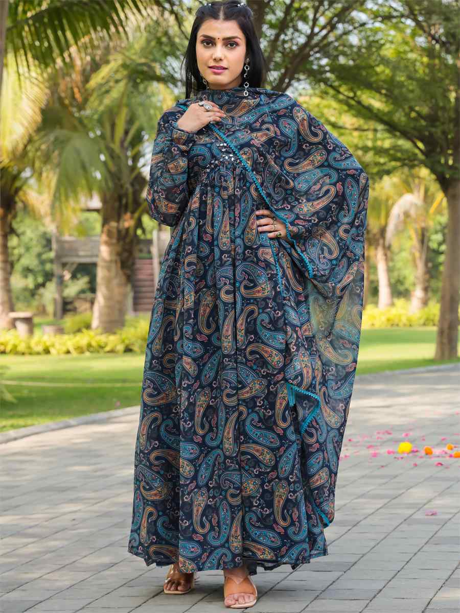 Blue Georgette Printed Festival Casual Gown