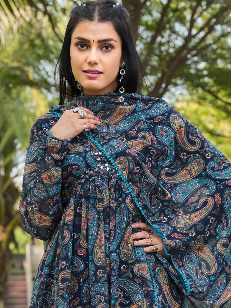 Blue Georgette Printed Festival Casual Gown