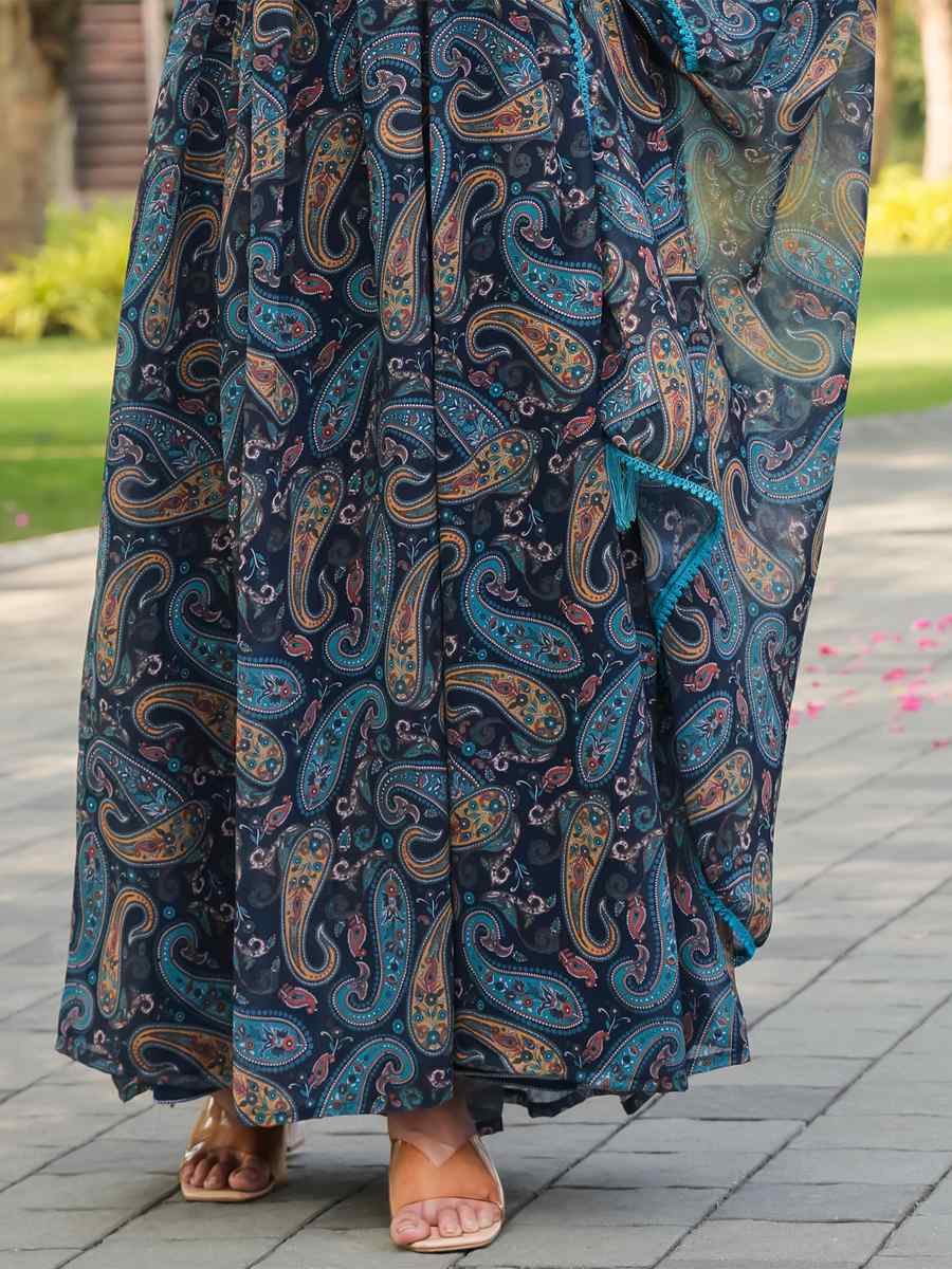 Blue Georgette Printed Festival Casual Gown